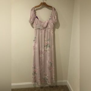 Dessy Collection Pale Pink Floral Maxi Dress with Puff Sleeves